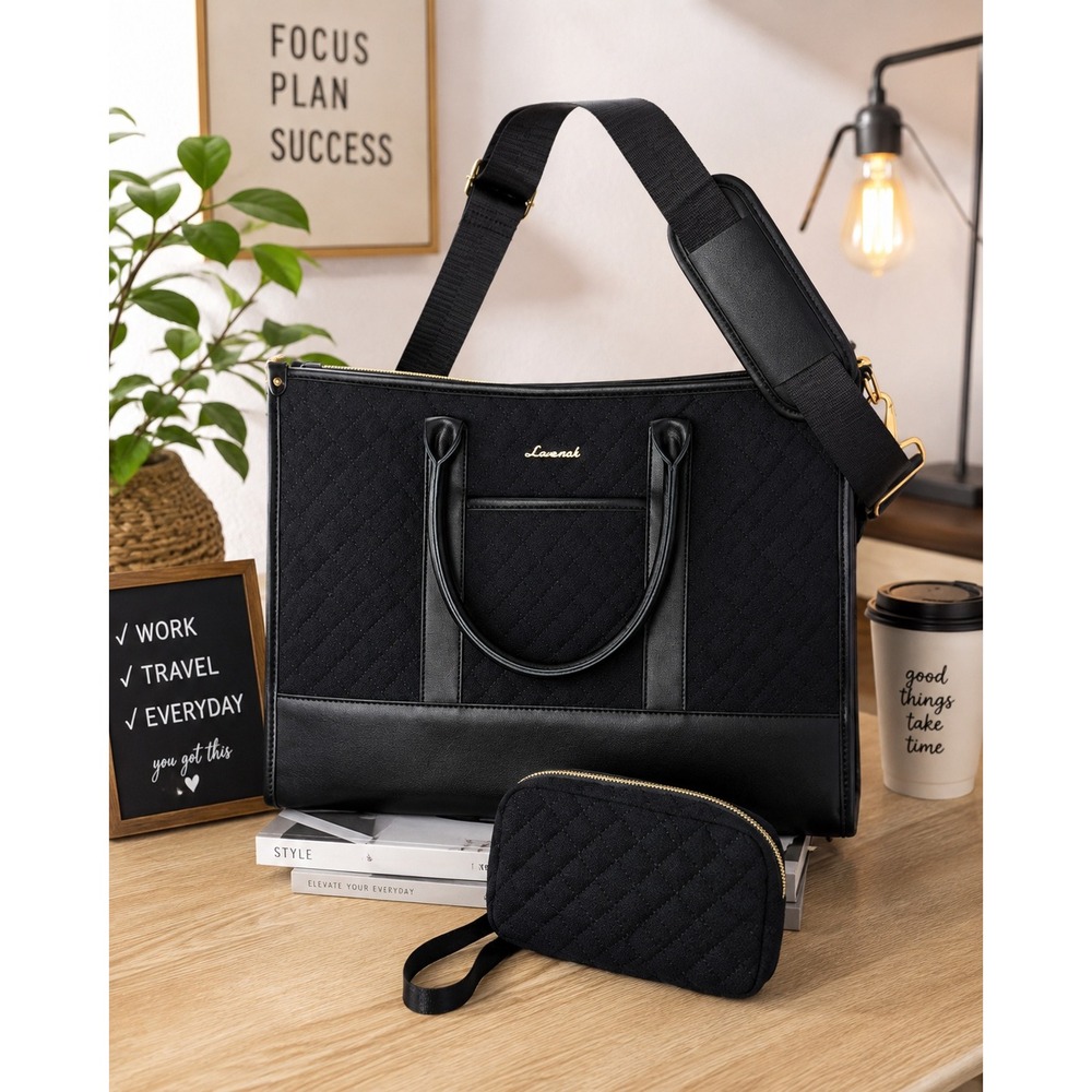 Lovevook Black Quilted Laptop Tote Bag Set Work Briefcase Travel Shoulder Bag